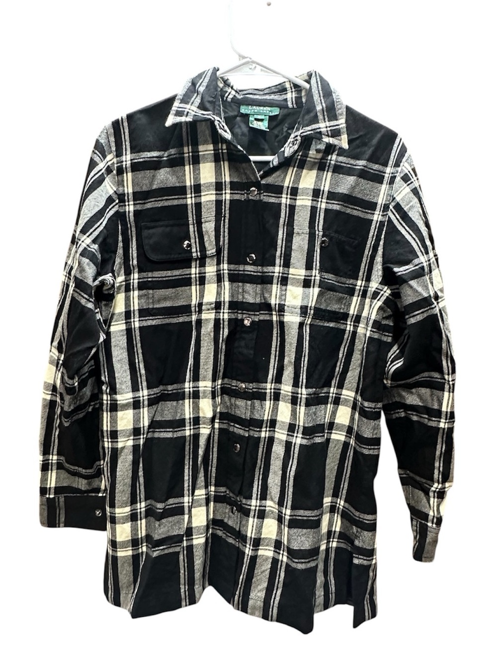 Lauren Ralph Lauren Black & Ivory Plaid 100% Wool Button Up Shirt Size M